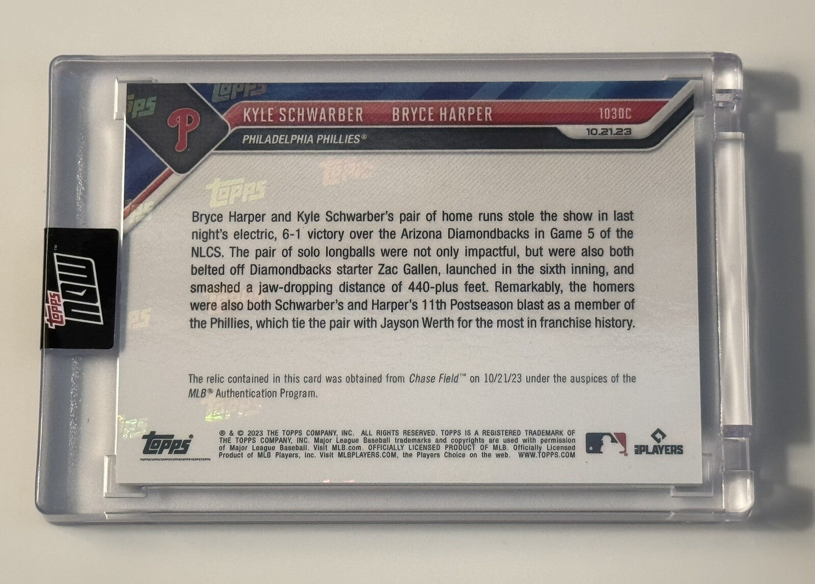 Game-used Base Relic 7/49 Kyle Schwarber/Bryce Harper - 2023 Topps Now* IN HAND!