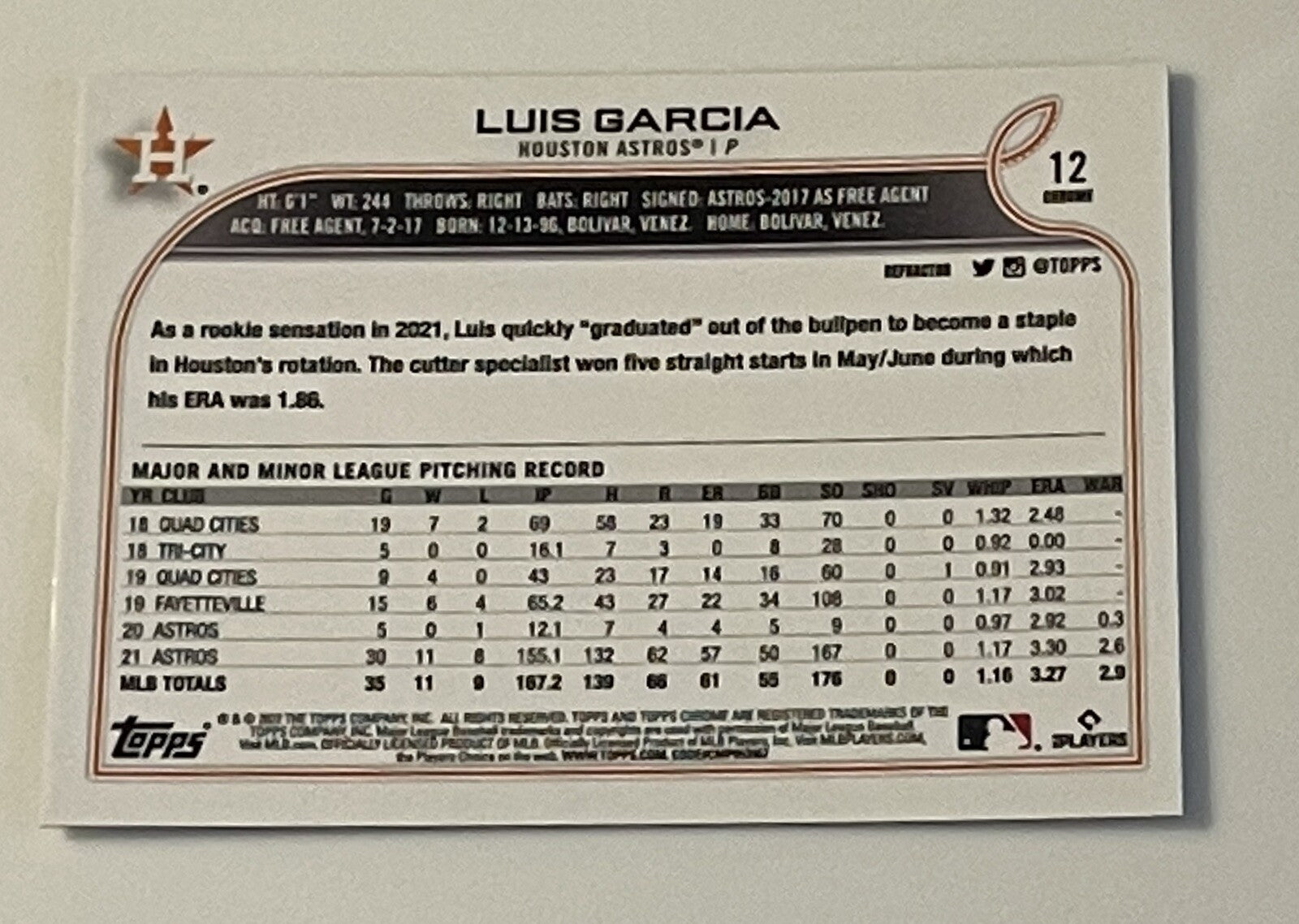 2022 Topps Chrome Luis Garcia Refractor Card #12 MLB Houston Astros World Champs
