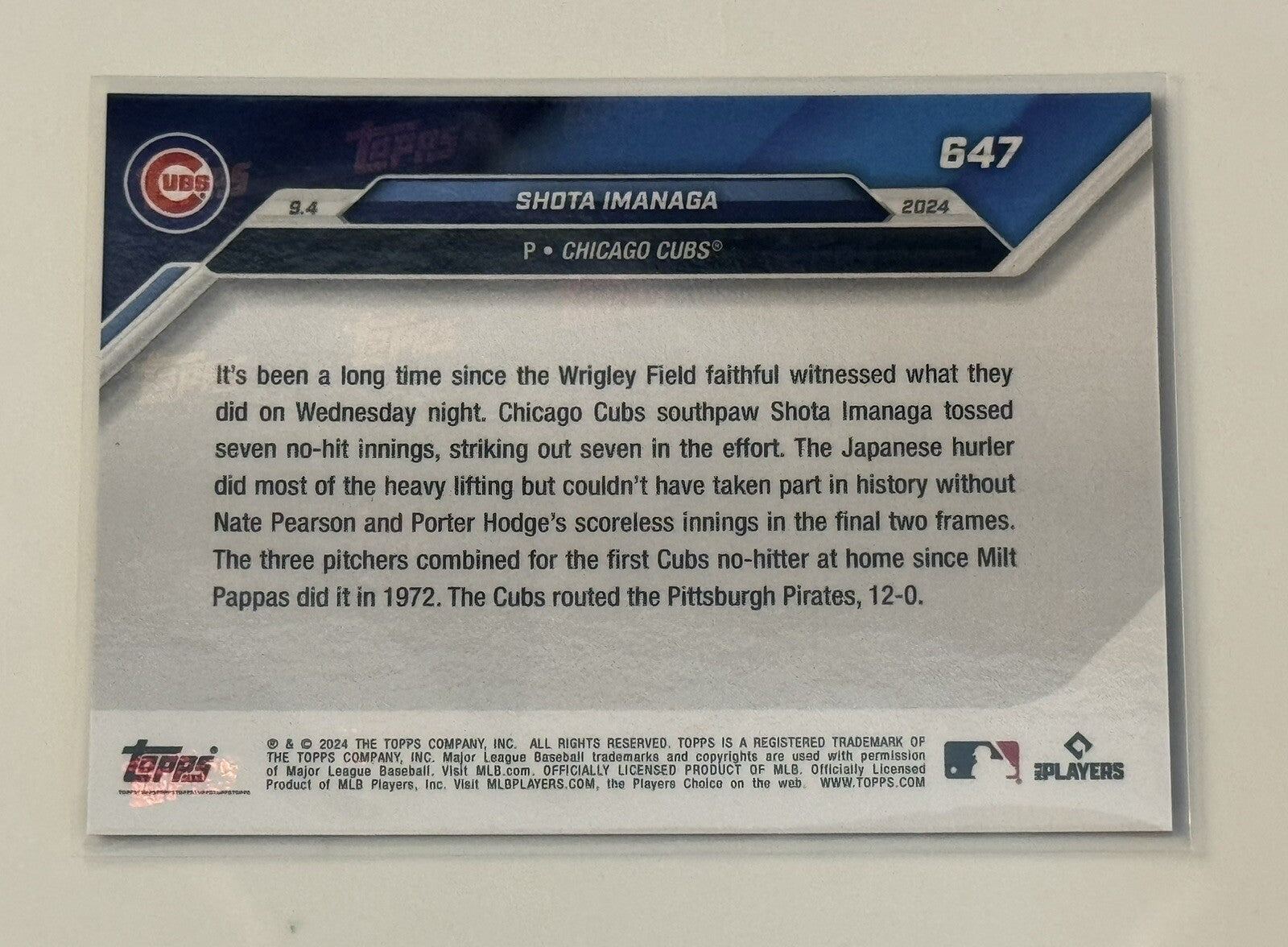 3/5! Shota Imanaga RC* - 2024 MLB TOPPS NOW Card 647 COMBINED NO-NO Chicago Cubs