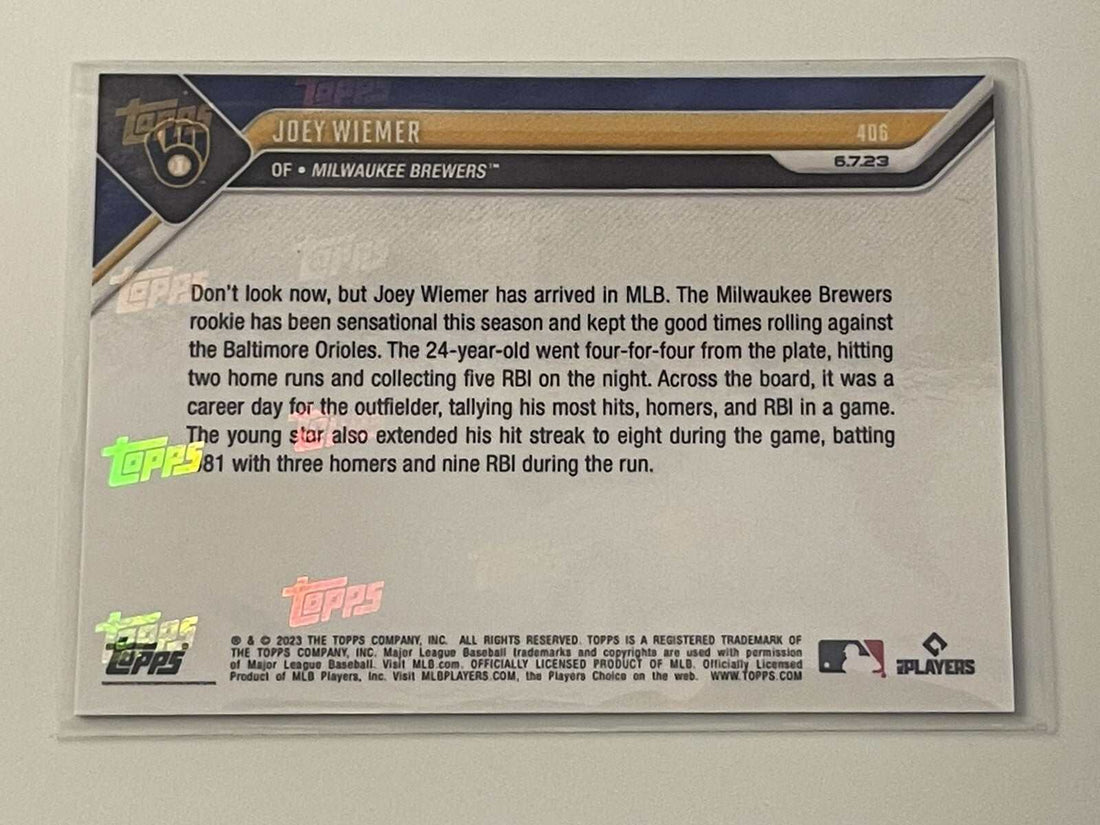2023 Topps Now Joey Wiemer Milwaukee Brewers rookie card celebrating multi HR 5 RBI game