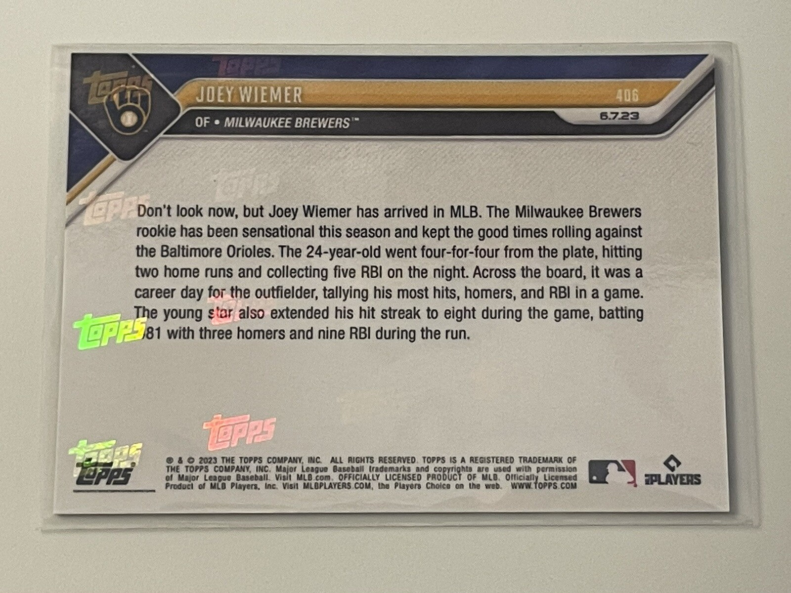 2023 Topps Now Joey Wiemer RC #406 Milwaukee Brewers Multi HR 5 RBI Masterpiece*