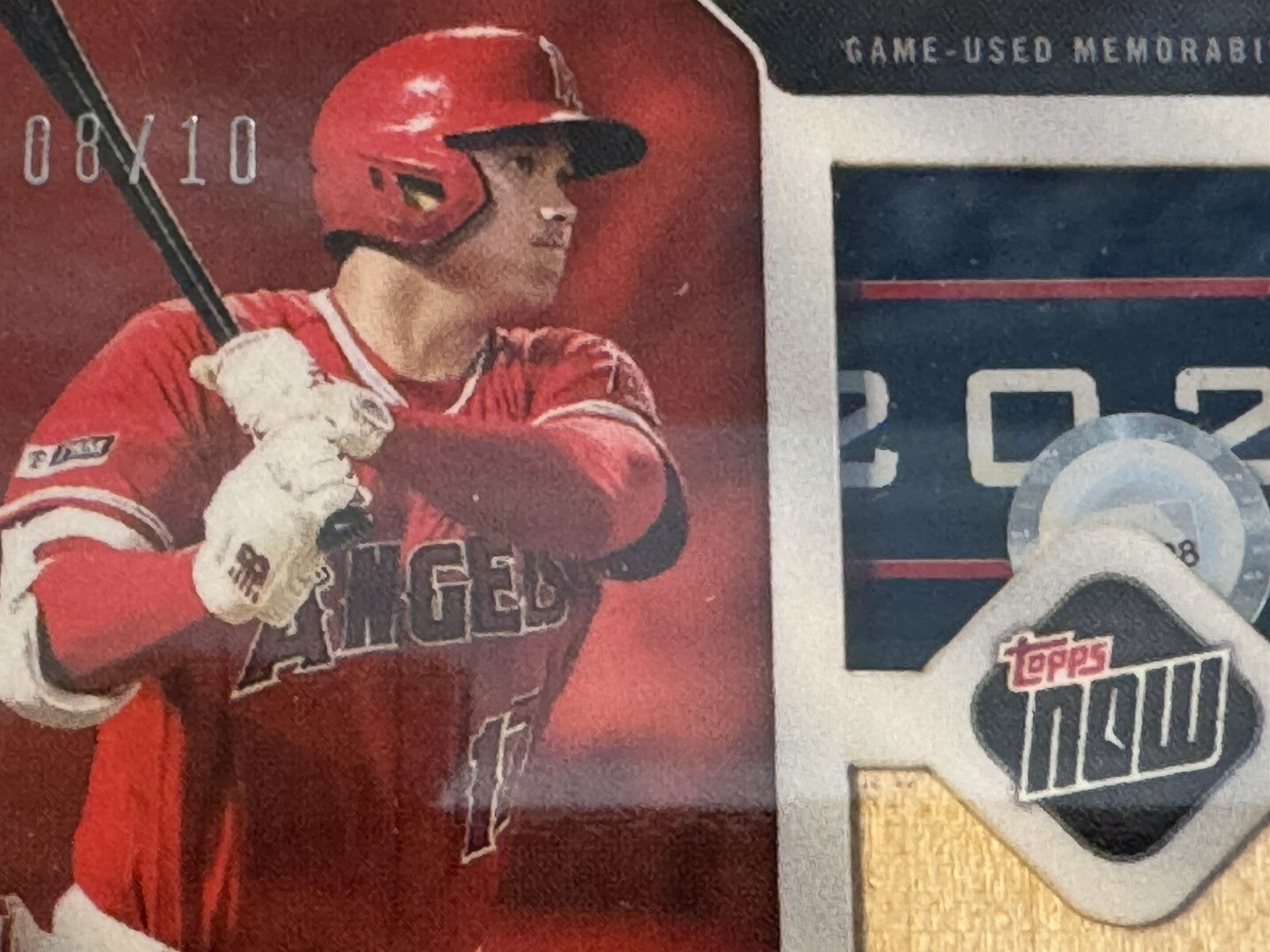 2023 Topps Now Dual Game-Used Base/Bat Relic card featuring Shohei Ohtani and Ronald Acuña Jr. numbered 08/10
