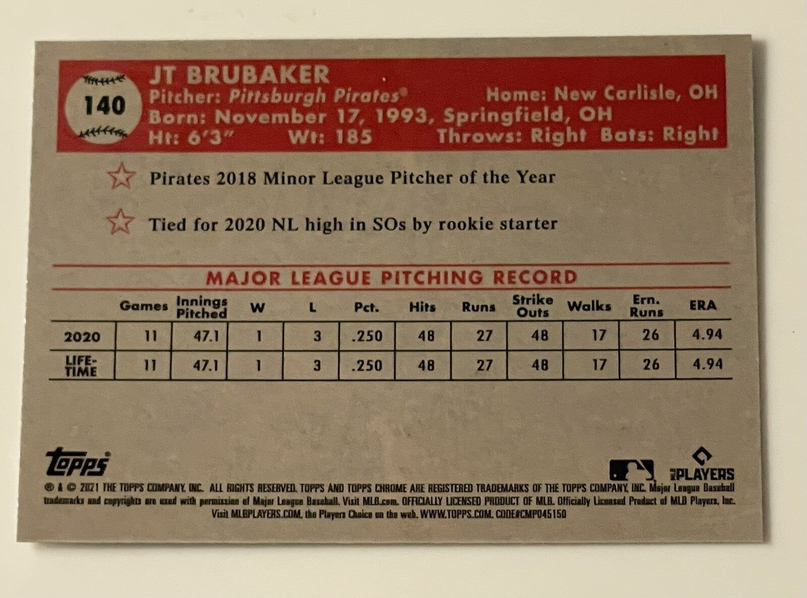 JT BRUBAKER RC 2021 Topps Chrome Platinum Anniversary Baseball Card #140 Pirates