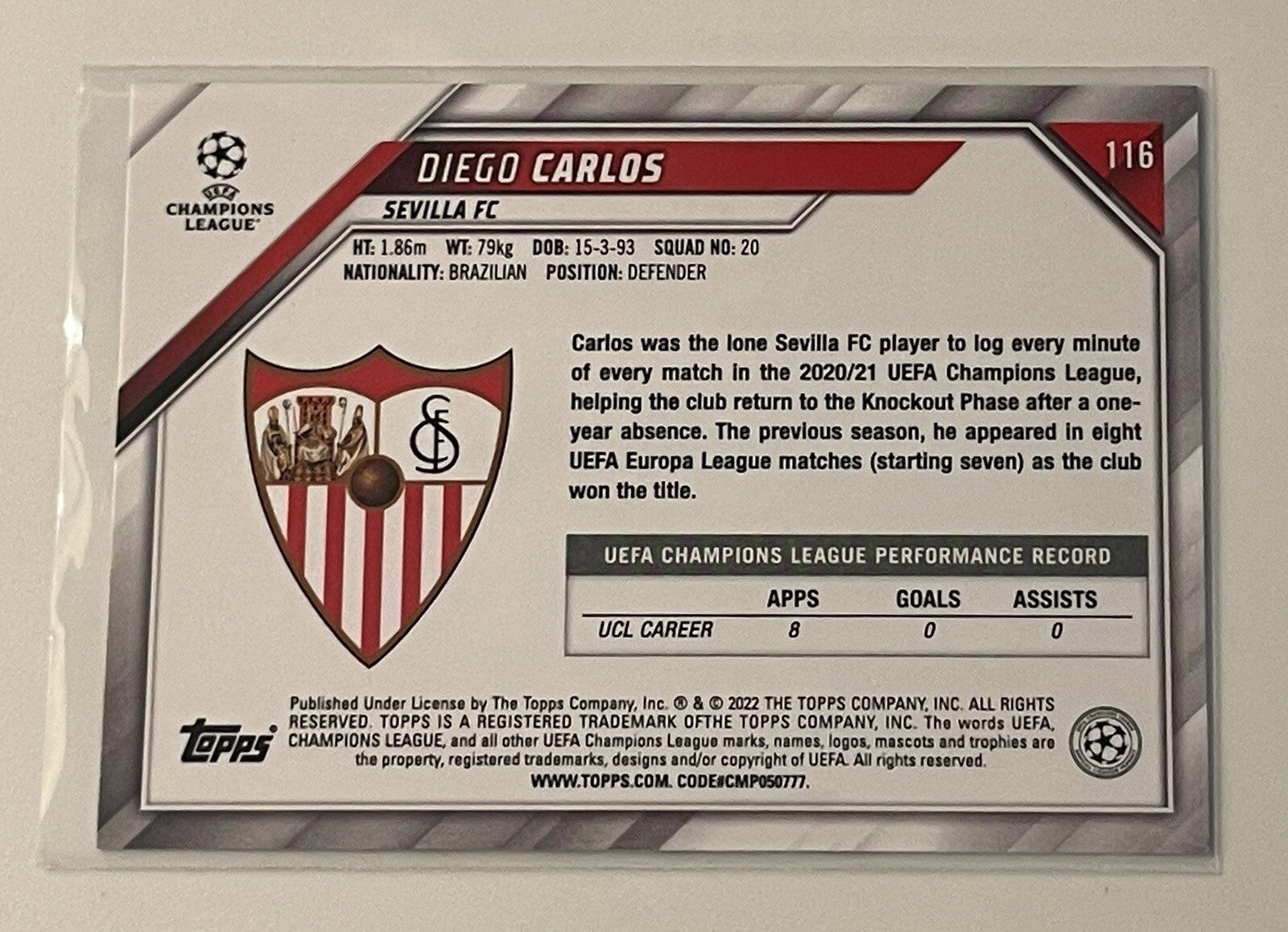 2021-22 Topps UEFA Champions League - Diego Carlos* - Soccer Card #116 - Sevilla