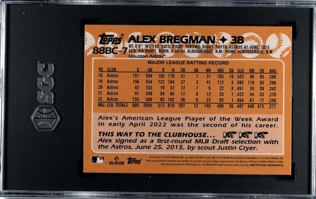 2023 Topps Chrome Baseball Alex Bregman Houston Astros 1988 Topps Design SGC 10 graded card
