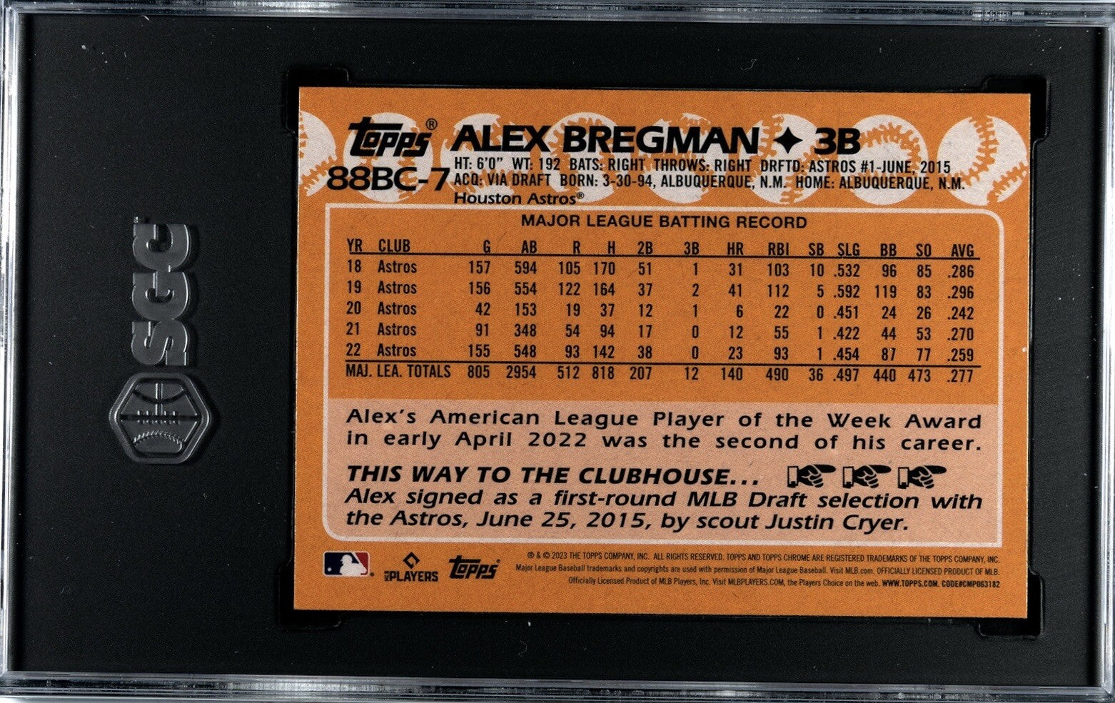 2023 Topps Chrome Baseball Alex Bregman 1988 Topps Design #88BC-7 Astros SGC 10.