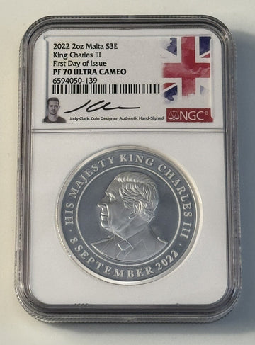 2022 2oz Malta S3E King Charles III NGC PF70 First Day Of Issue Jody Clark Sign*