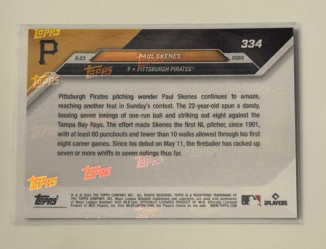 2024 Topps NOW Paul Skenes Pirates Rookie Card #334 with pitching action and MLB logo