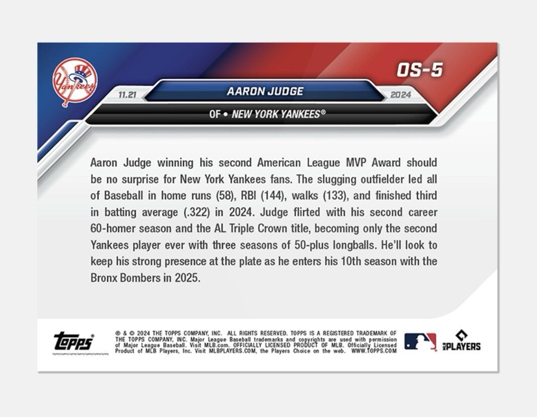 Aaron Judge AL MVP* WINNER 2024 MLB TOPPS NOW OS-5 MLB New York Yankees - READY!