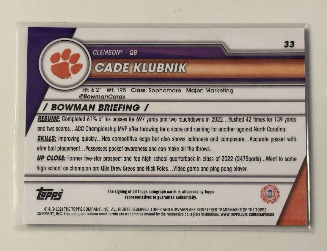 2023 Bowman University Chrome Cade Klubnik rookie autograph football card Clemson Tigers