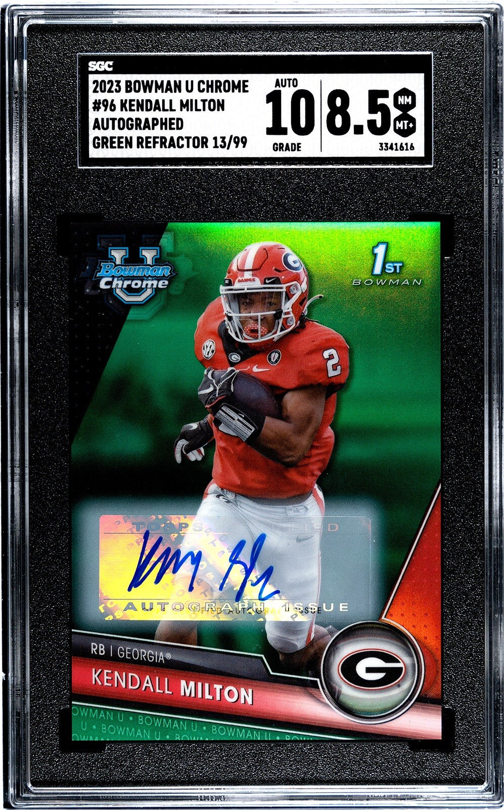 2023 Bowman Chrome U Kendall Milton 13/99 Green Auto RC UGA Refractor - SGC 8.5*