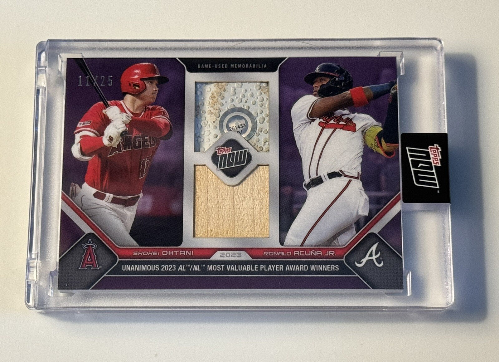 11/25* DUAL Game-Used Base/Bat Relic Ohtani/Acuna 2023 Topps Now OS18B - IN HAND