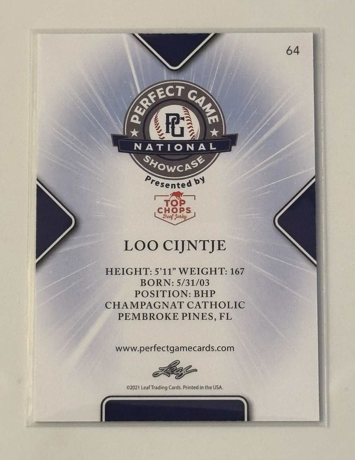 2021 Leaf Perfect Game National Showcase Loo Cijntje rookie MLB Mariners card back view