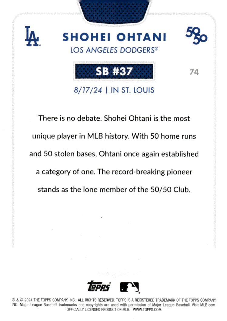 50/50 LIMITED EDITION! Shohei Ohtani MLB LA Dodgers 2024 TOPPS NOW Season #SB 37