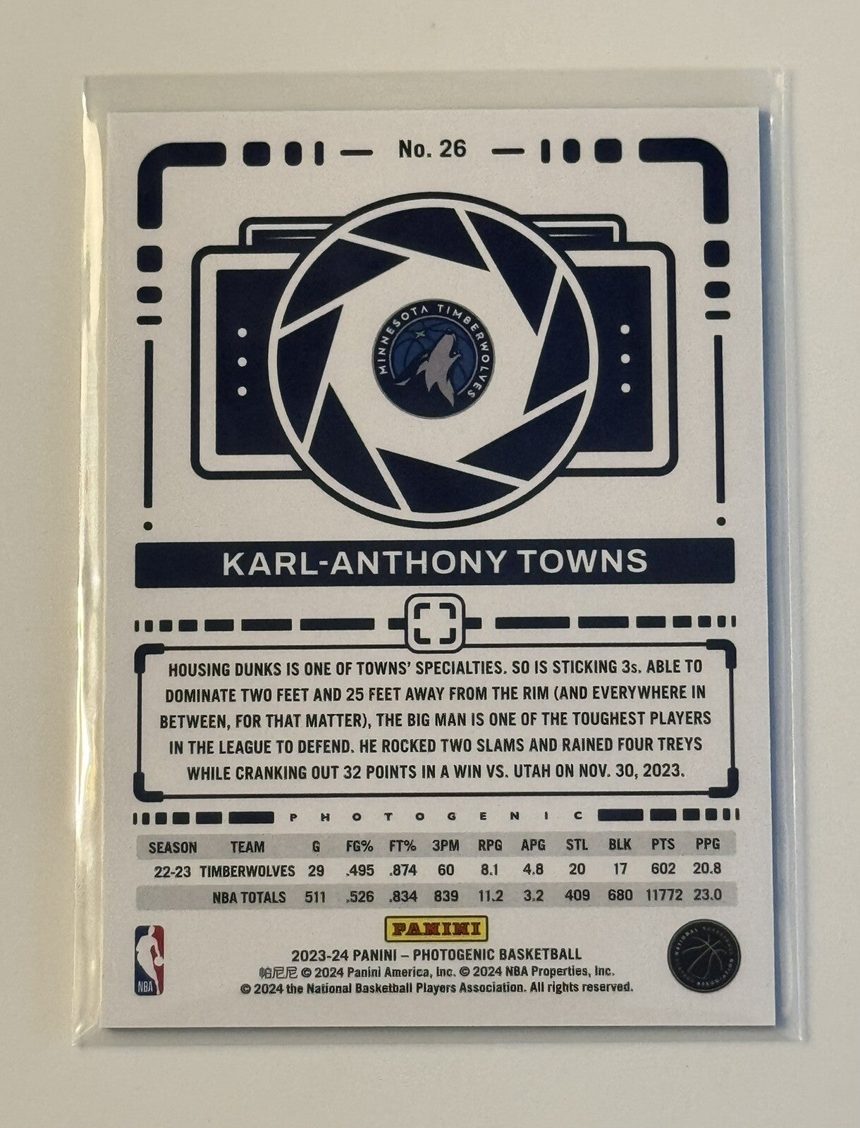 2023-24 Panini Photogenic Karl Anthony Towns NBA Minnesota Timberwolves Card 26*