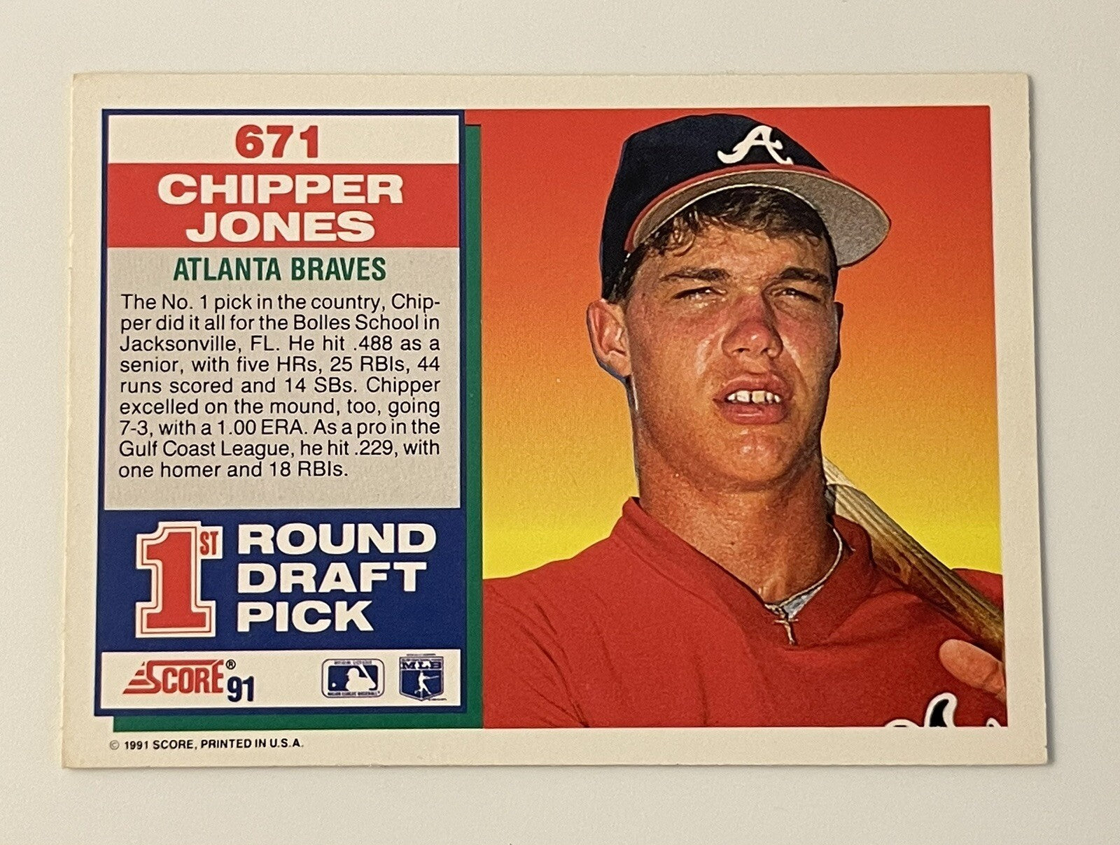 Chipper Jones* Score 1991 Card # 671 1st Round Draft Pick MLB Atlanta Braves HOF