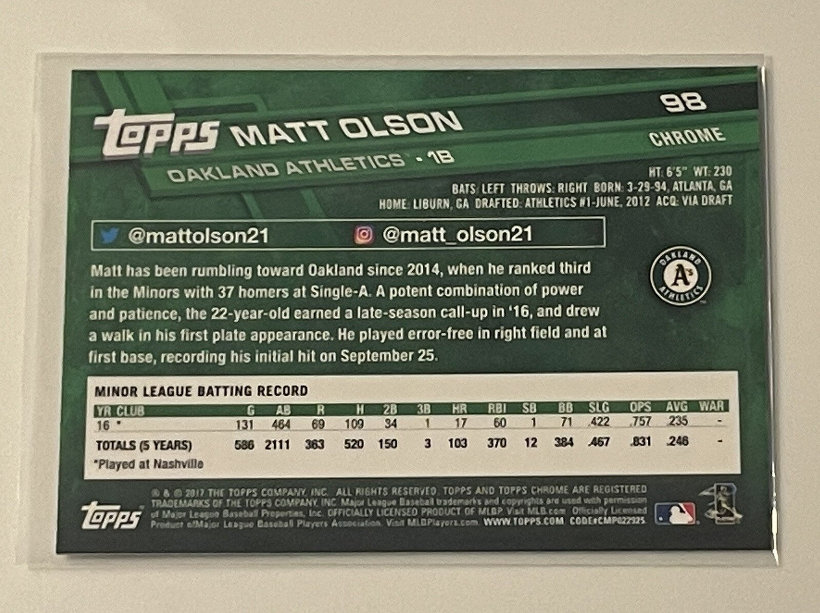 2017 Topps Chrome Matt Olson rookie card #98 pink refractor Oakland Athletics MLB