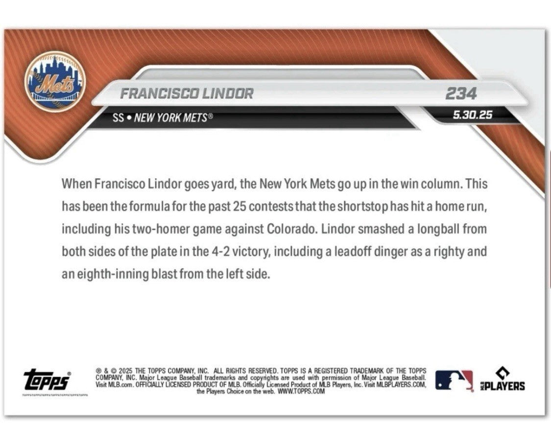 2025 Topps NOW Francisco Lindor #234 New York Mets MLB Baseball Blast Both Sides