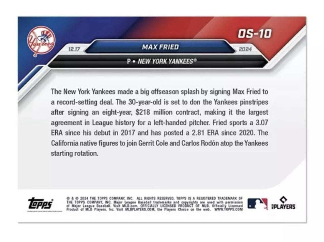 2024 Topps Now Max Fried New York Yankees baseball card with mega contract and pitching action