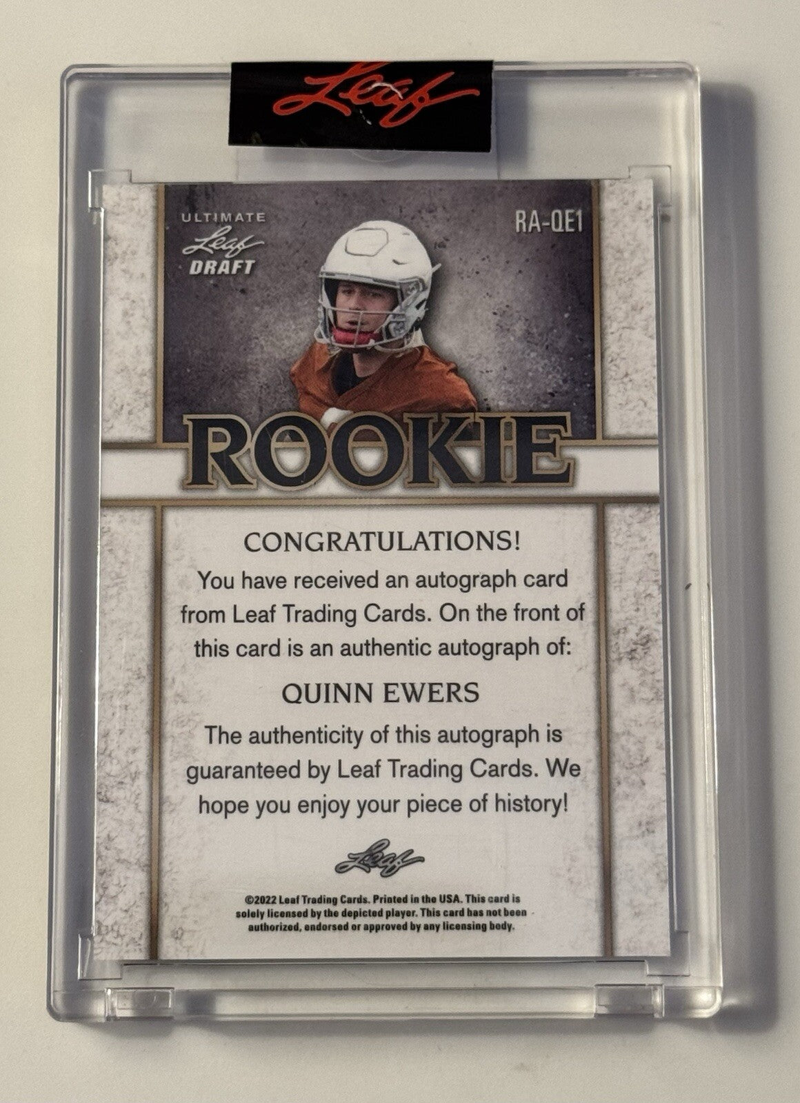 5/5 Quinn Ewers RC* Auto 2022 Leaf Ultimate Draft TEXAS Longhorns - Card #RA-QE1