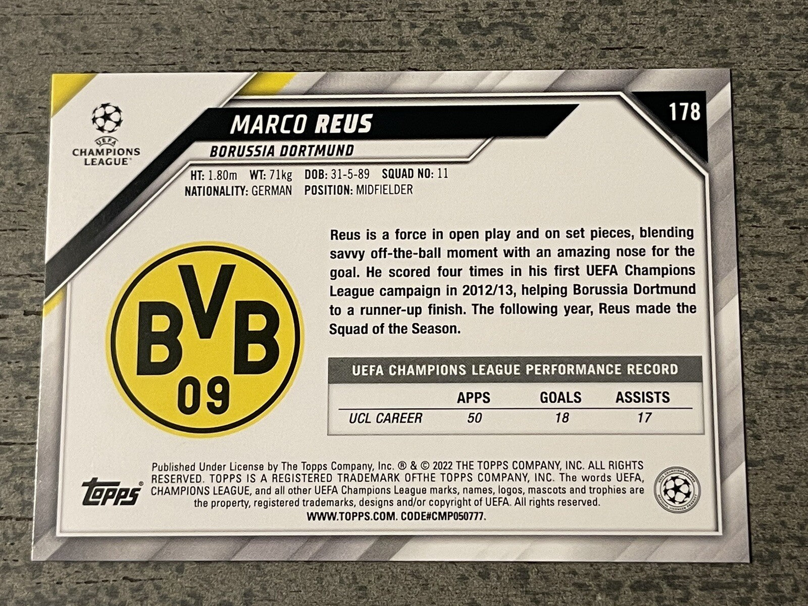 2021-22 Topps UEFA Champions League - Marco Rues #178 Borussia Dortmund MINT!