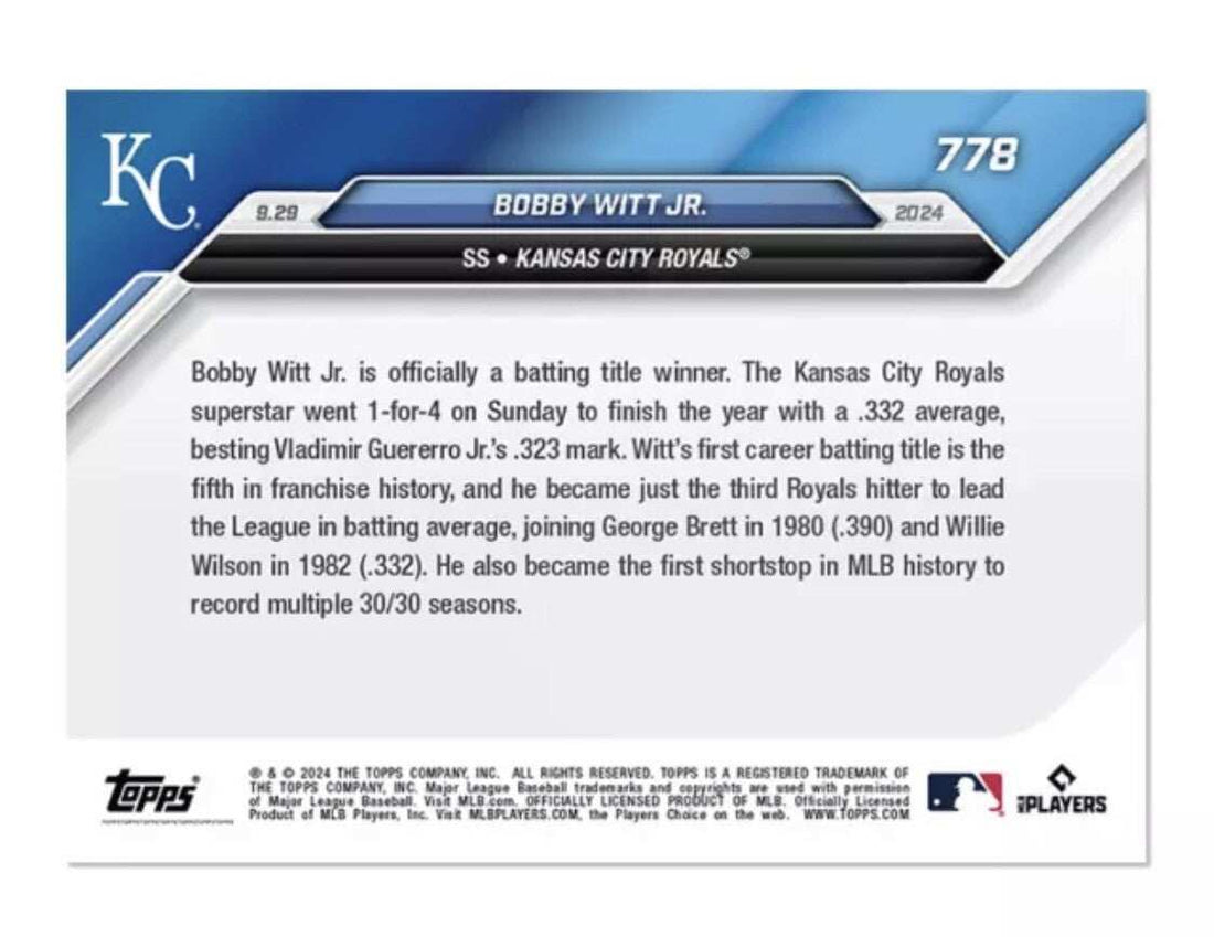 Bobby Witt Jr. 2024 Topps NOW MLB trading card in Kansas City Royals uniform, limited edition, batting title highlight