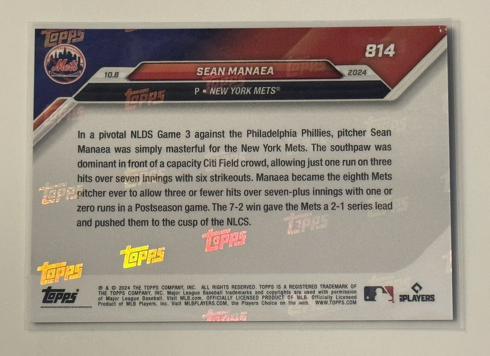 7/10* Sean Manaea* 1st Postseason Win Mets 2024 MLB Topps NOW - NY Mets Card 814