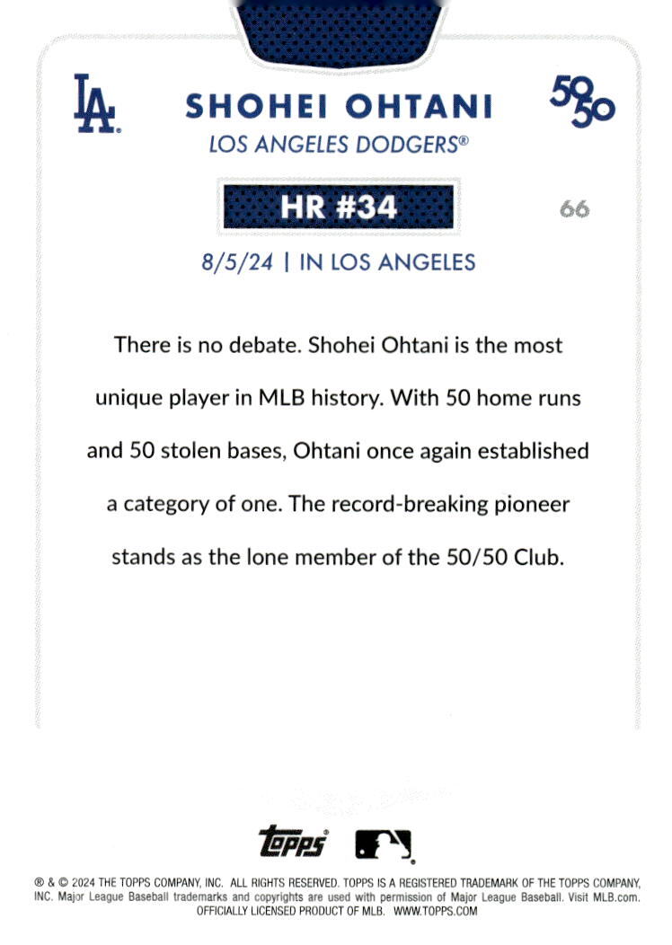 50/50 LIMITED EDITION! Shohei Ohtani MLB LA Dodgers 2024 TOPPS NOW Season #HR 34