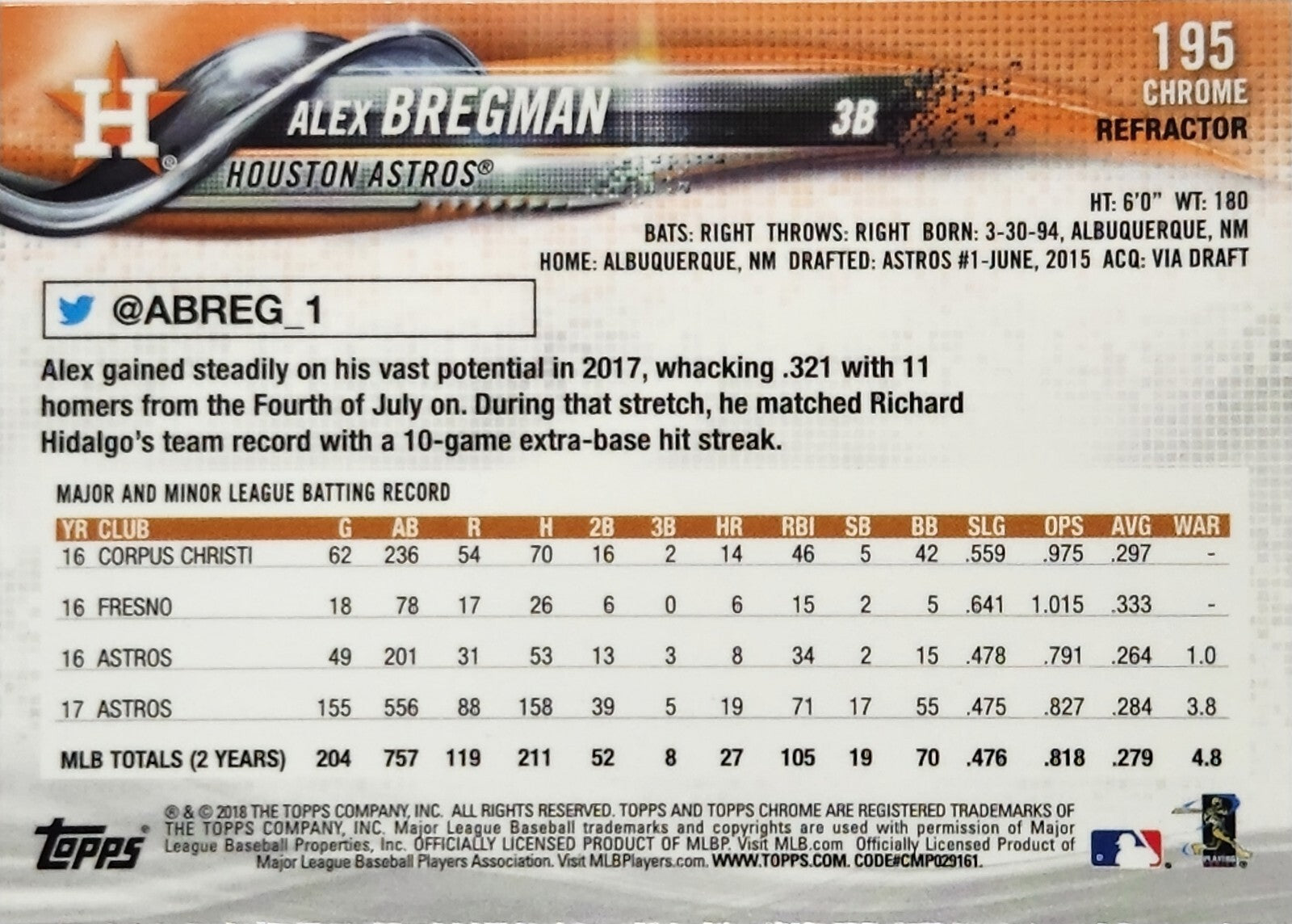 2018 Topps Chrome Refractor #195 Alex Bregman Astros World Champs - JUST PULLED!