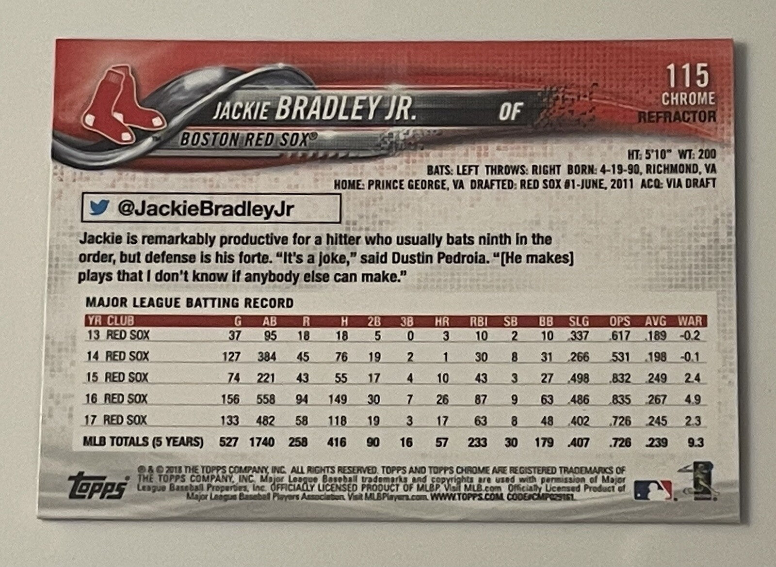 2018 Topps Chrome Jackie Bradley Jr #115 Boston REDSOX MLB JUST PULLED MINT!