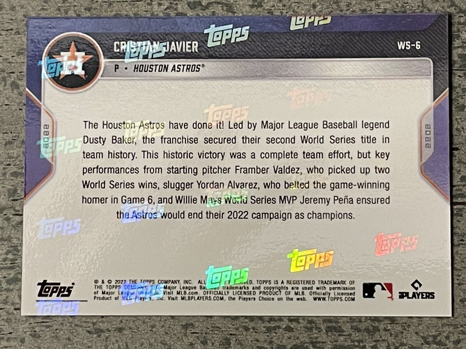 2022 Topps Now - Christian Javier* - MLB World Series Champions Set Card - WS-6