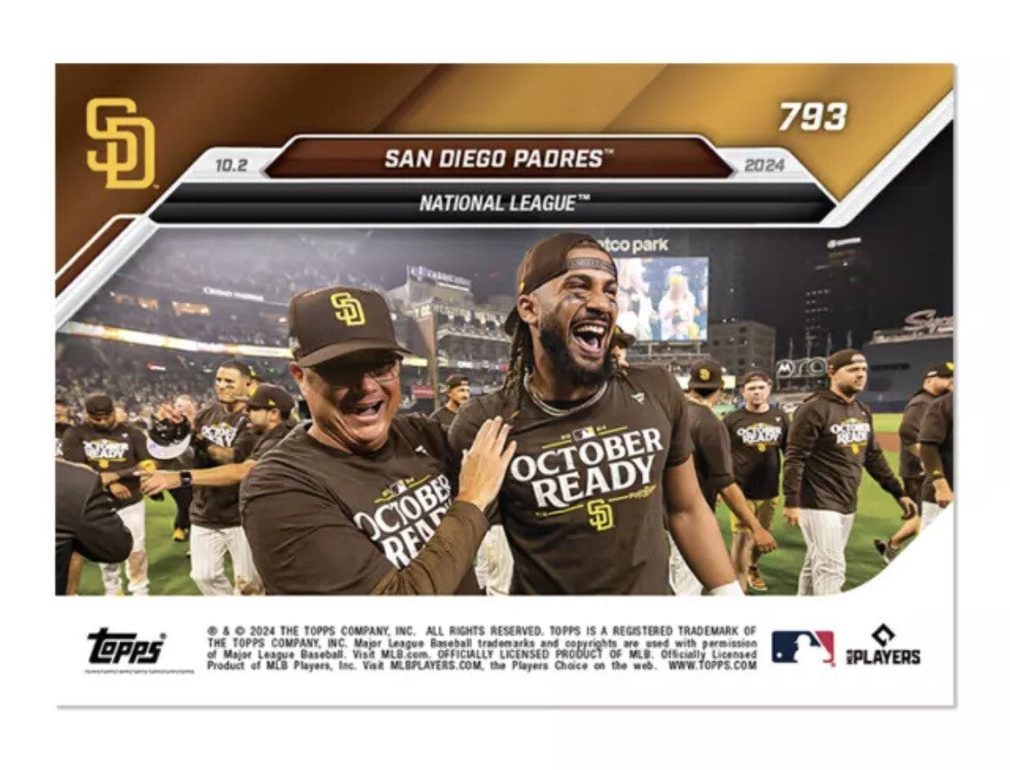 2024 Topps NOW San Diego Padres card 793 featuring Fernando Tatís Jr., Yu Darvish, and Manny Machado celebrating largest crowd at Petco Park