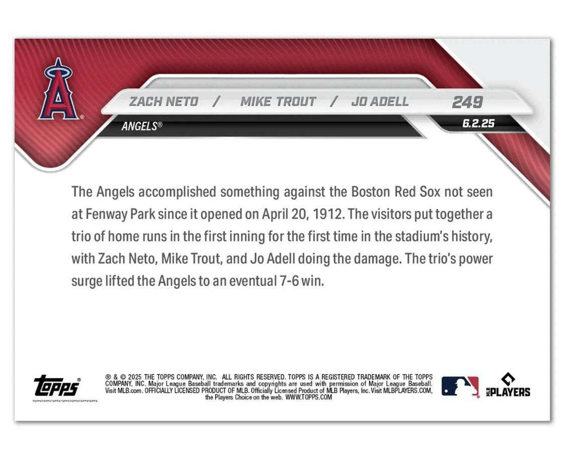 2025 MLB Topps Now card featuring Mike Trout, Jo Adell, and Zach Neto of LA Angels commemorating back-to-back home runs at Fenway Park