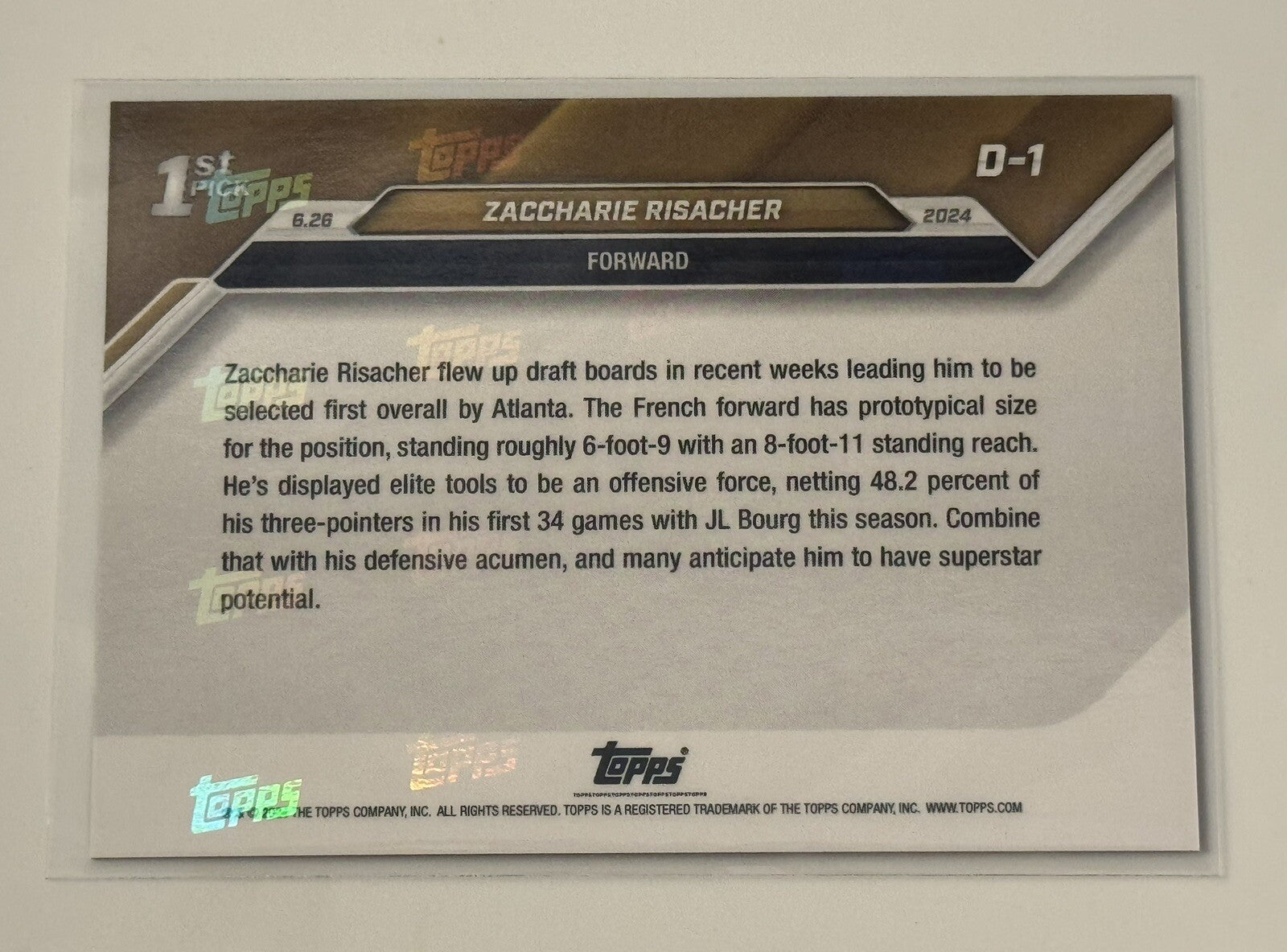 Zaccharie Risacher RC 2024 Topps Now NBA #D-1 Draft Night Rookie Hawks - IN HAND