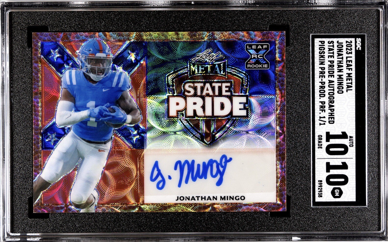 1/1 Jonathan Mingo RC Auto 2023 Leaf Metal State Pride Pigskin Pre-Prod SGC 10GM