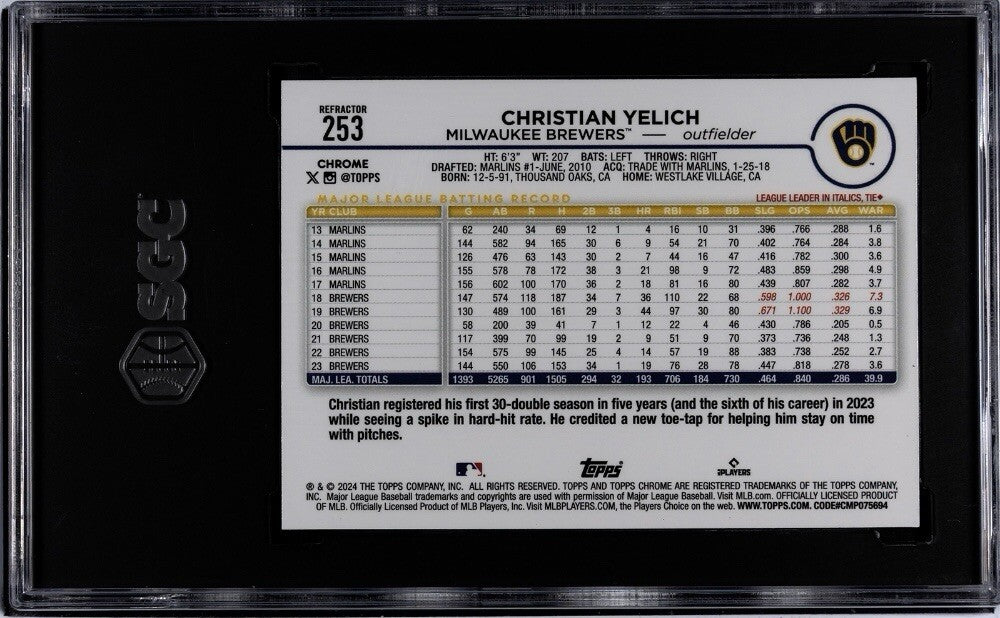 2024 Topps Chrome Christian Yelich Refractor MLB Milwaukee Brewers 253 - SGC 9.5