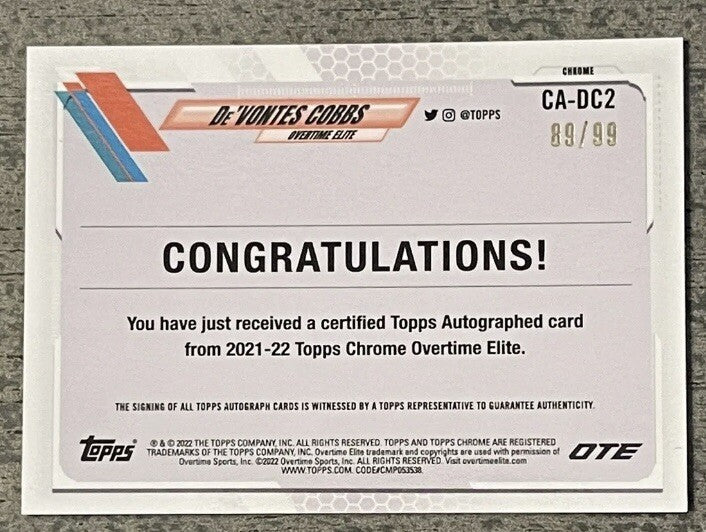 2021-22 Chrome OTE* Overtime Elite Base Auto Aqua #CA-DC2 De'Vontes Cobbs 89/99*