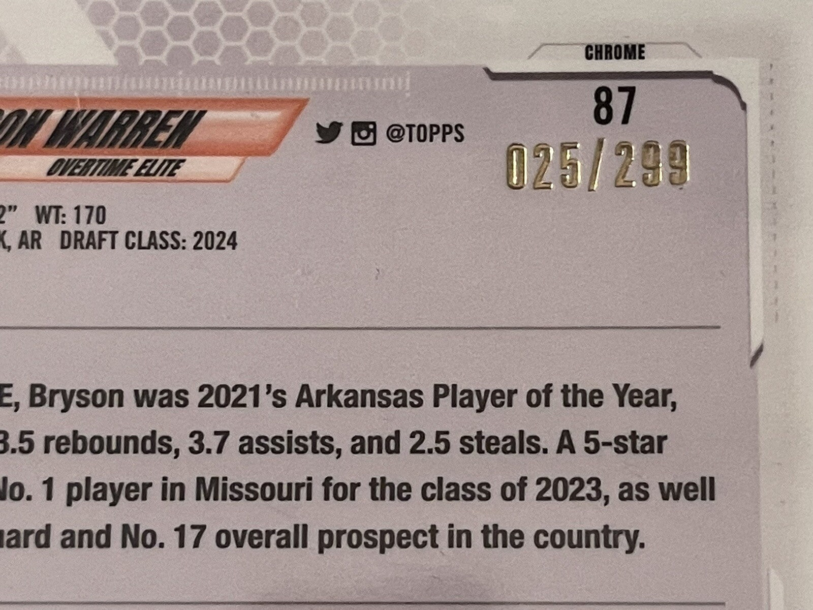 Bryson Warren* RC* -25/299 2021-22 Topps Chrome OTE #87 Rookie Purple Refractor*