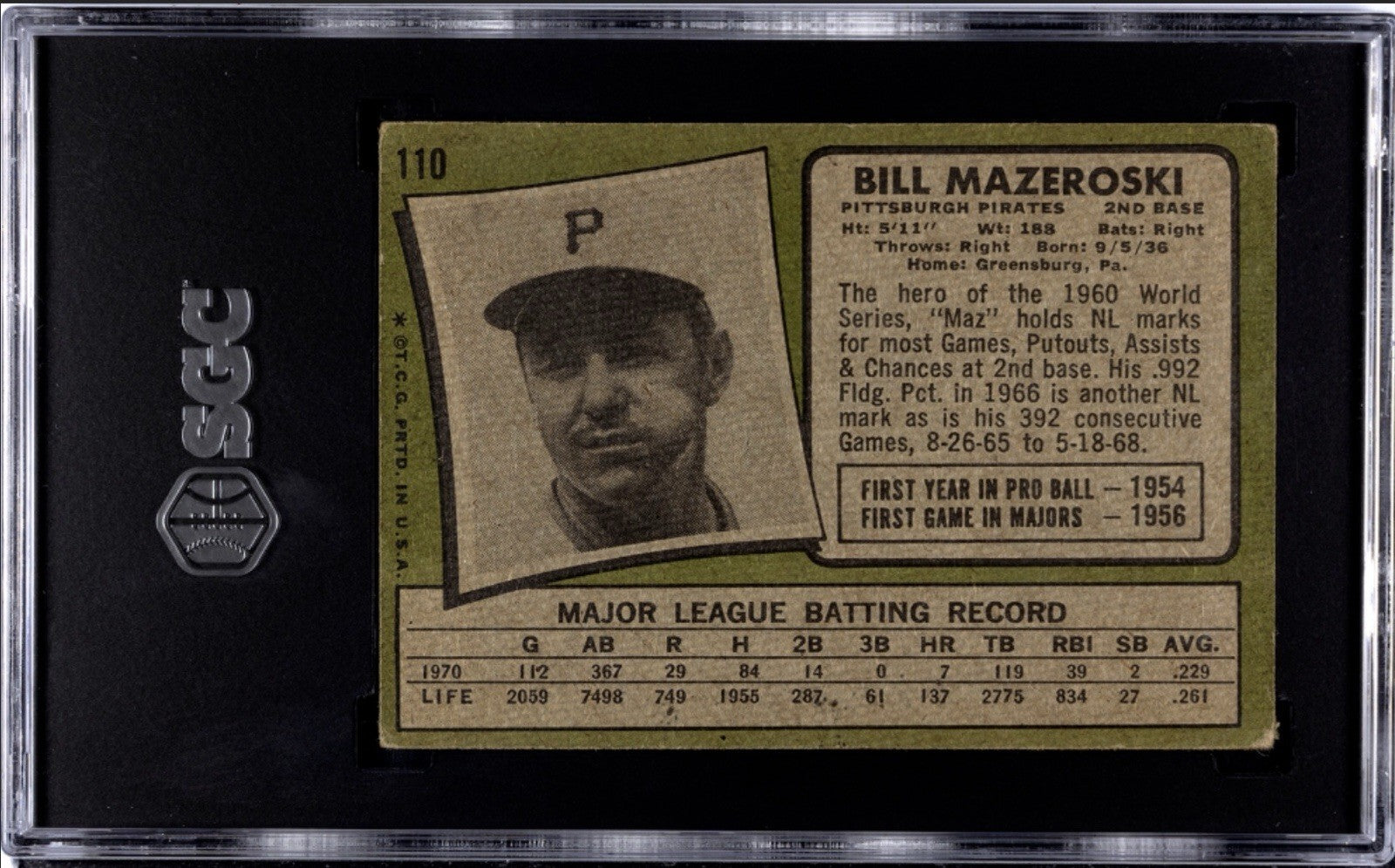 1971 Topps BILL MAZEROSKI Pittsburgh Pirates Baseball Card #110 NEW - SLAB SGC 2
