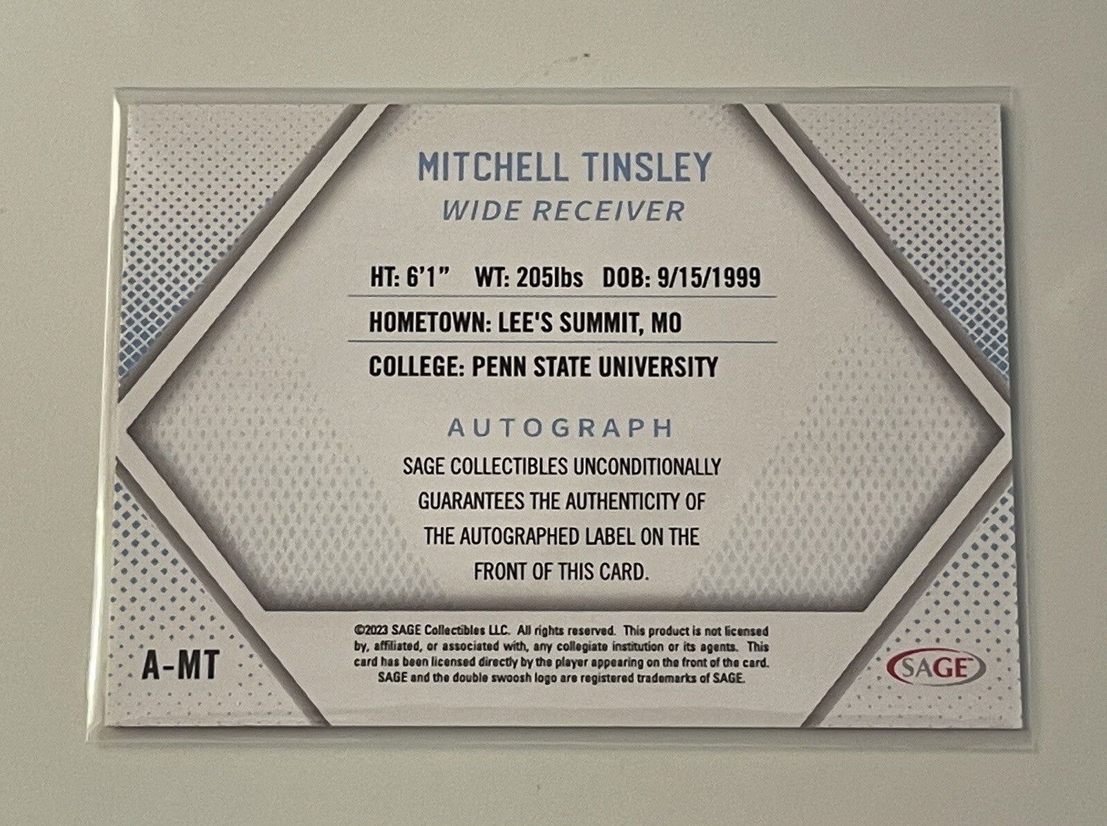 2023 Sage High Series Mitchell Tinsley Sage RC Auto Card #A-MT - NCAA Penn State