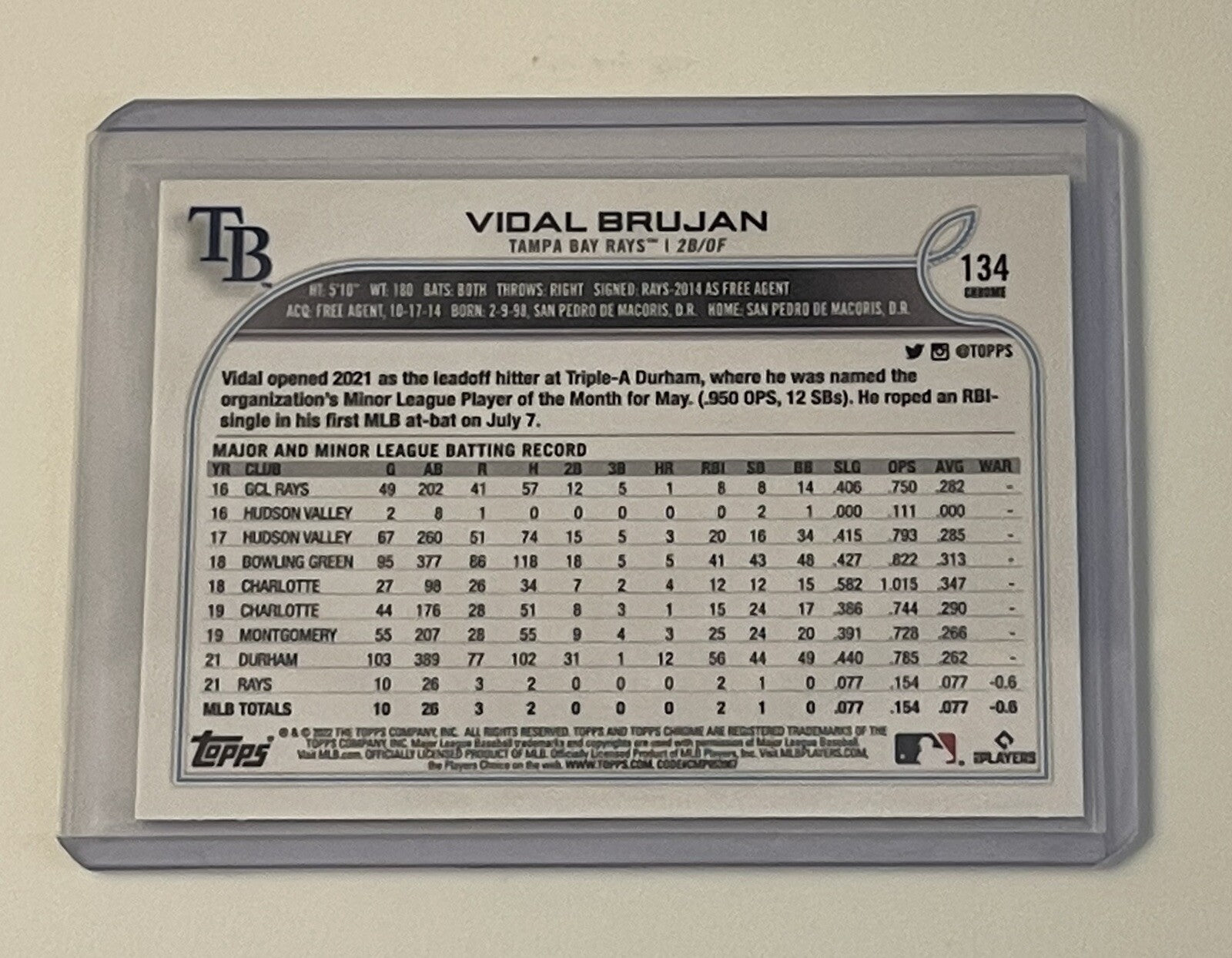 2022 Topps Chrome VIDAL BRUJAN RC Card #134 Rookie - MLB Tampa Bay Rays Baseball