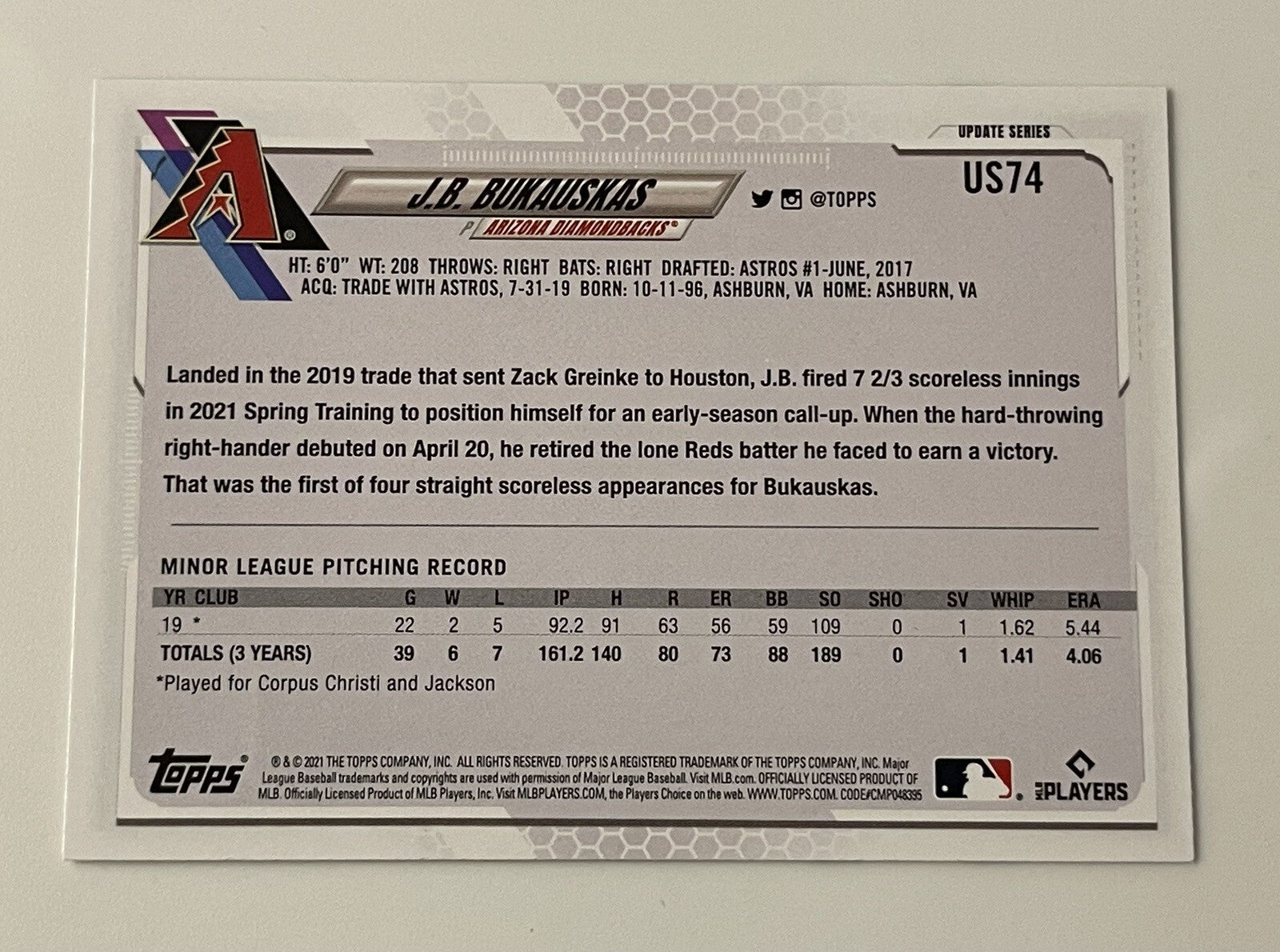 2021 Topps Update Series J.B. Bukauskus* RC #US74 Rookie - Arizona Diamondbacks
