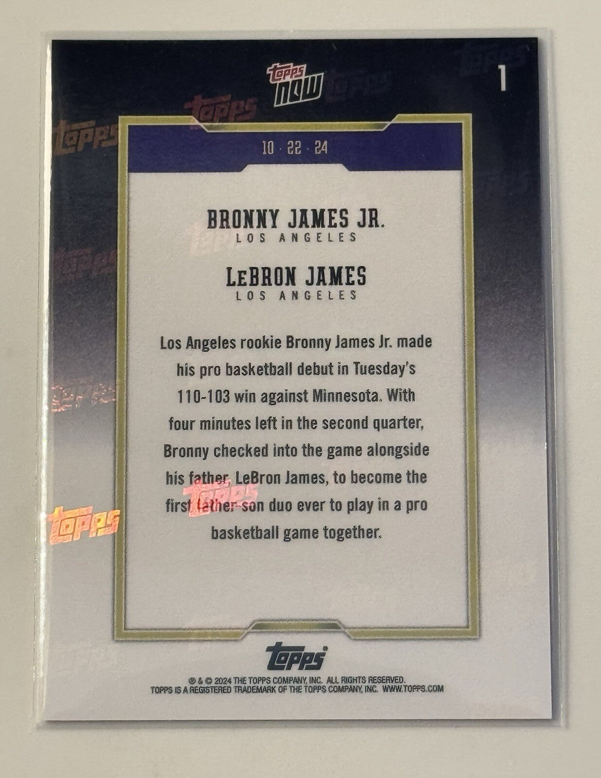 FATHER/SON DEBUT* 2024 Topps NOW Lebron James/Bronny James #1 LA Lakers - READY!