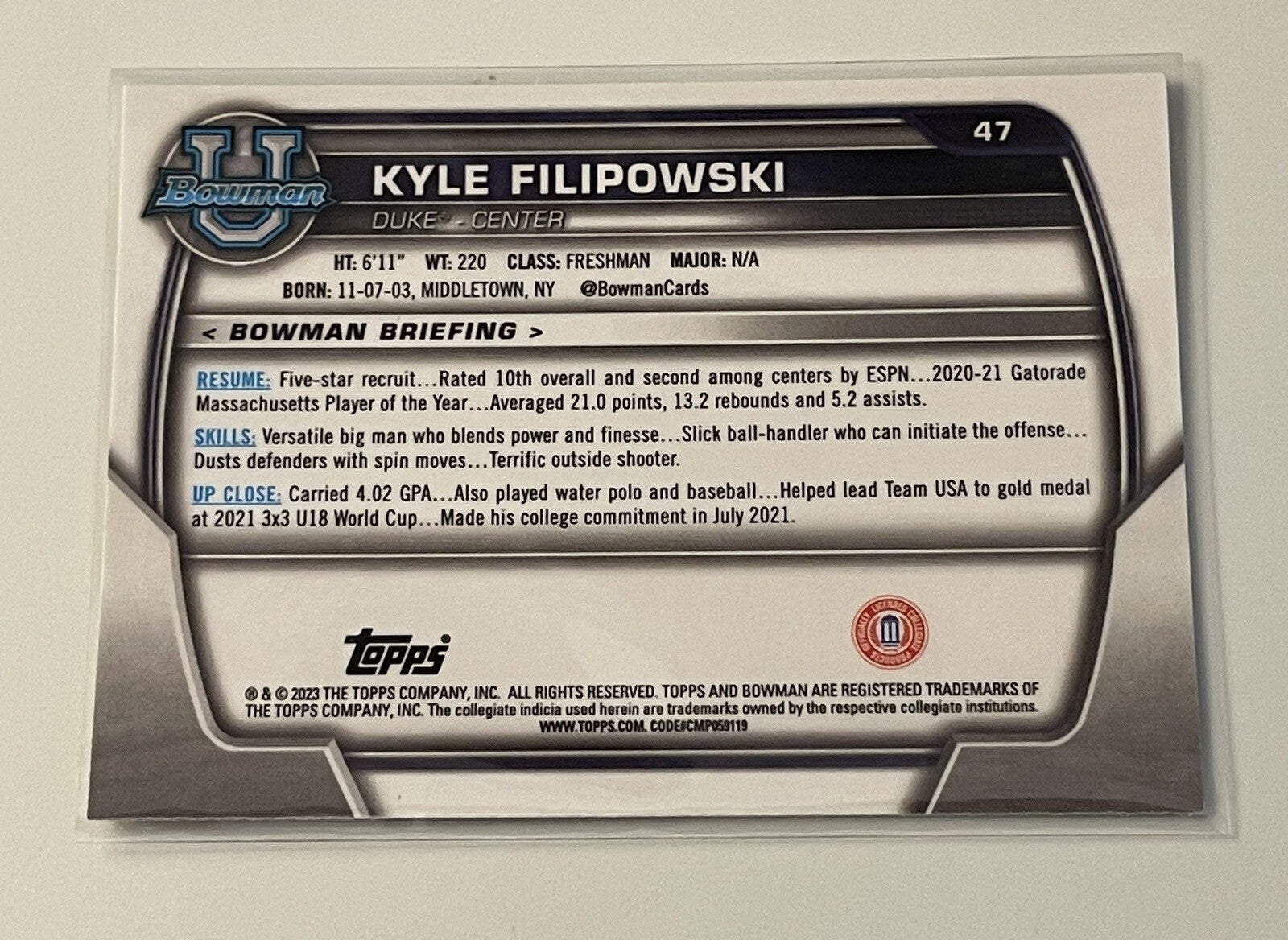 2022-23 Bowman University Chrome Kyle Filipowski 1st Bowman #47 Duke Blue Devils