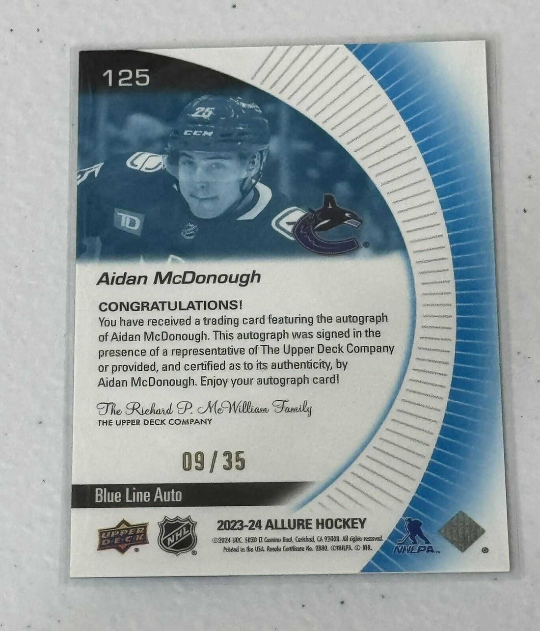 Aidan McDonough RC NHL 2023-24 Upper Deck Allure Red Rainbow Rookie Auto Canucks card with autograph