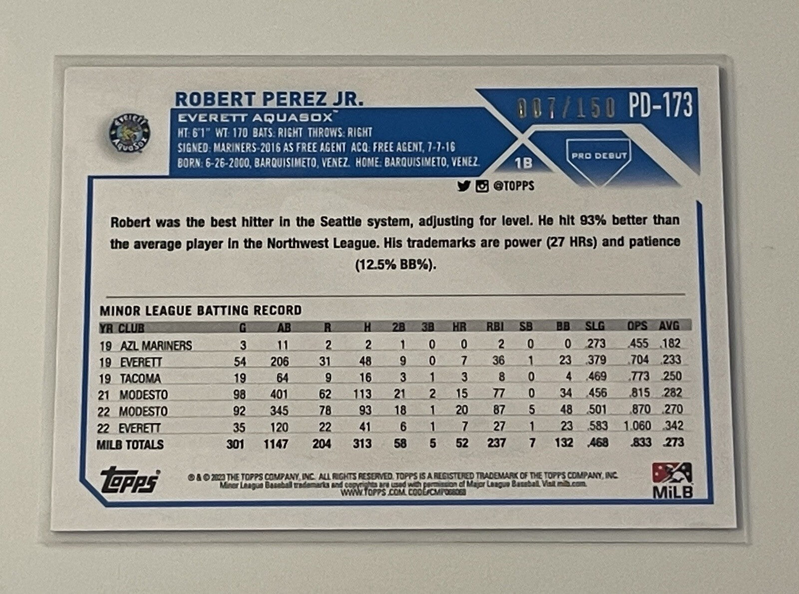 2023 Topps Pro Debut 7/150 Robert Perez Jr. RC Refractor Card #PD-173 - Mariners