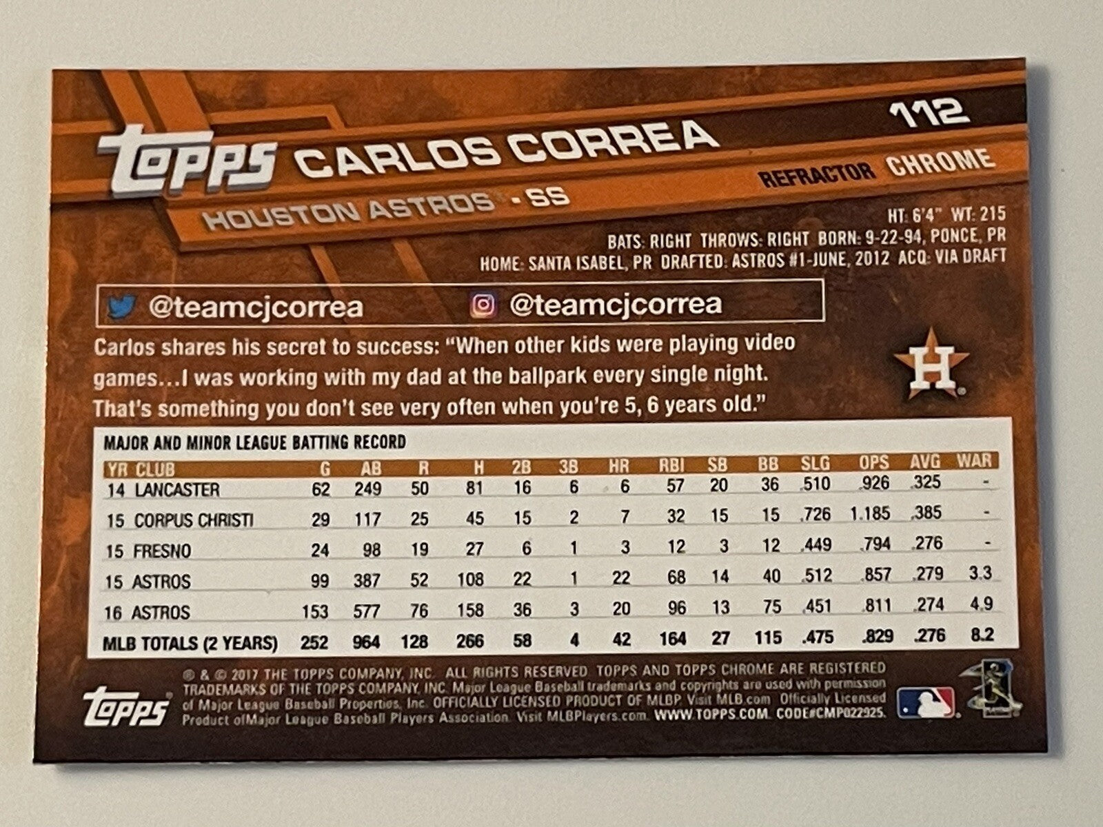 2017 Topps Chrome CARLOS CORREA Refractor #112 MLB Minnesota Twins JUST PuULLED*