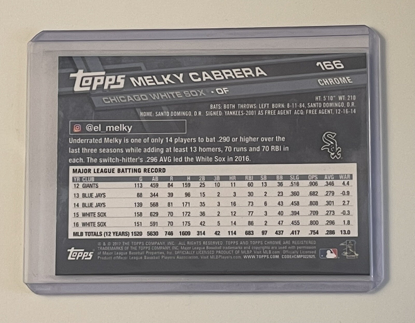 Melky Cabrera 2017 Topps Chrome Refractor Baseball #166 - MLB Chicago White Sox*