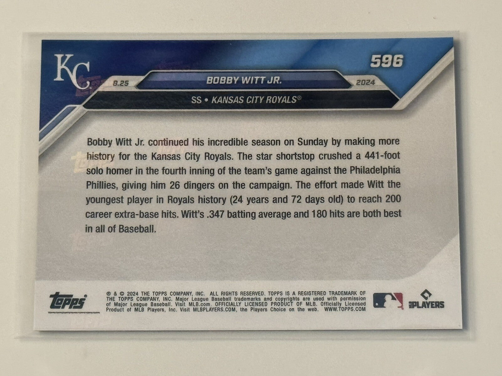 11/49* Bobby Witt Jr. Blue Parallel 2024 Topps Now MLB Royals 200 XBHs Card #596