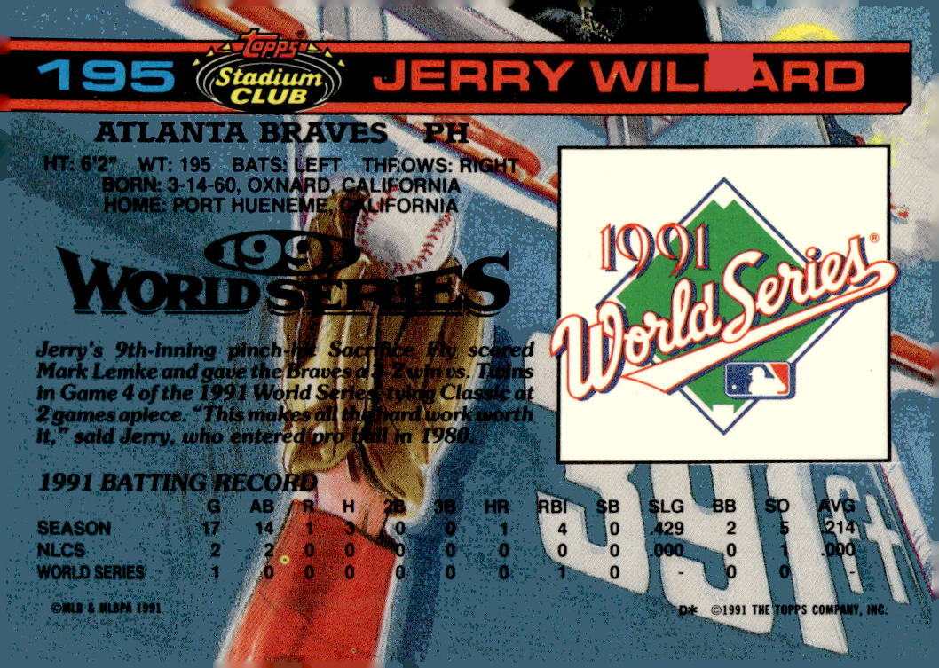 1992 Stadium Club Dome Jerry Willard Atlanta Braves baseball card